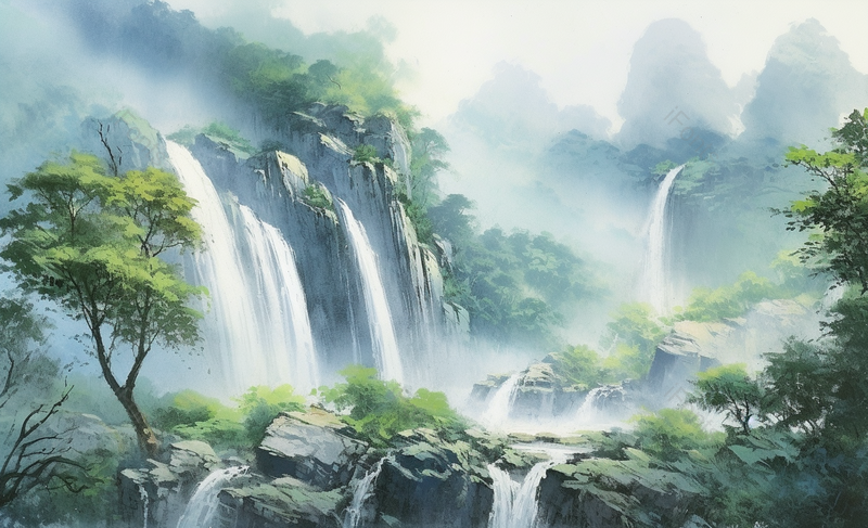 中国风青绿山水瀑布插画,插画/手绘图,插画/手绘图库,插画/手绘图下载,插画/手绘